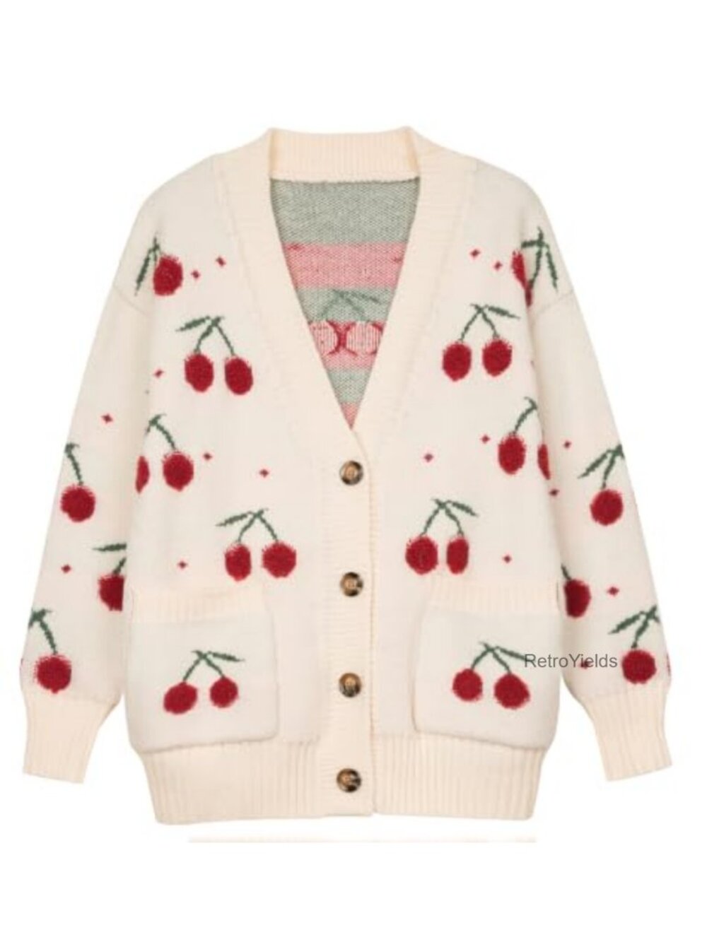 Fuzzy Cherry Knitted Cardigan Button Up Kawaii Sweater V Neck Drop Shoulder